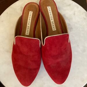 Veronica Beard,Grayson Red Suede Mules, Leather, Gold Trimmed, Size 36EU, Italy